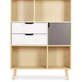 **Technische titel in het Nederlands:** Moderne open kast met lades en compartimenten in licht hout.