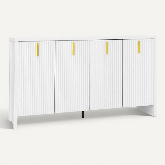 **Technische titel in het Nederlands: Moderne witte buffetkast met verticale lijnen en gele handgrepen**