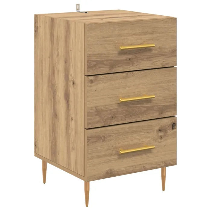 **Moderne nachtkast met drie lades en gouden handgrepen**